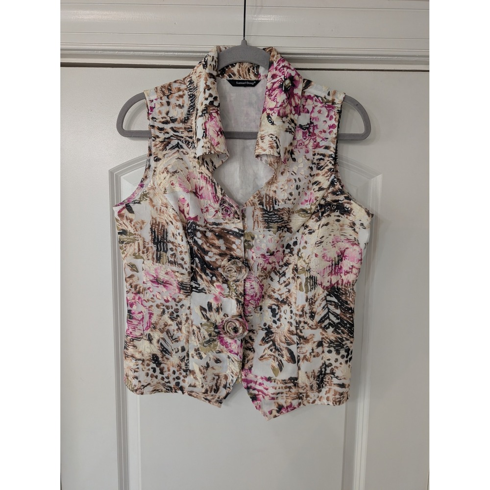 Samuel Dong Womens Floral Burnout Vest Pink Rosette Snap Front Italian Fabric - Picture 1 of 8